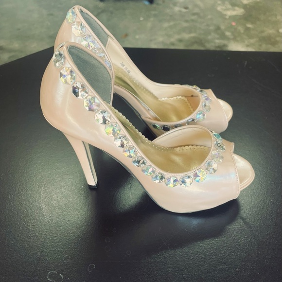 Johnathan Kayne Shoes - Johnathan Kayne Cream Peep-Toe Heels with Crystal Embellishments